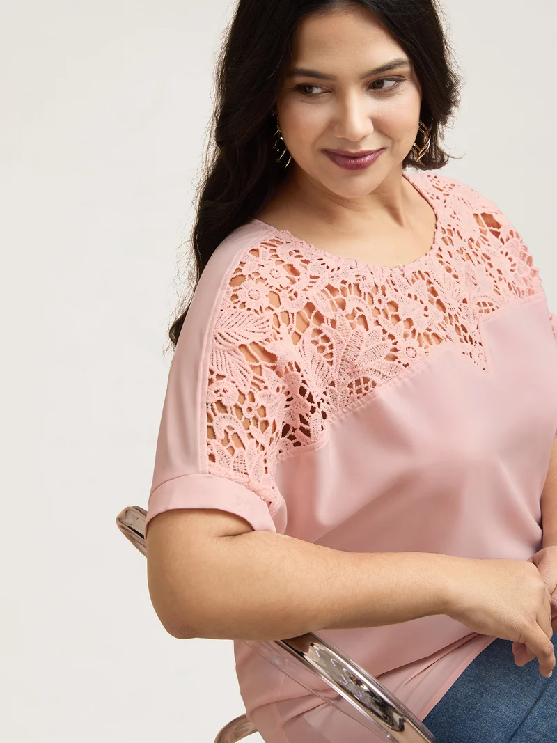 Sheer Lace Neck Half Sleeve Shirt
