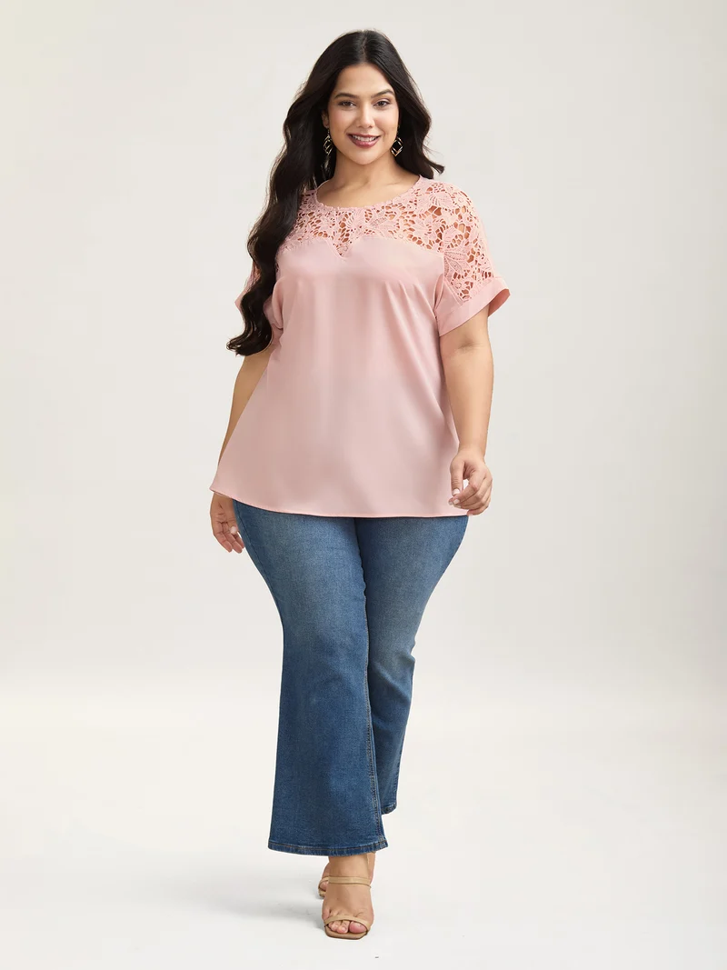 Sheer Lace Neck Half Sleeve Shirt