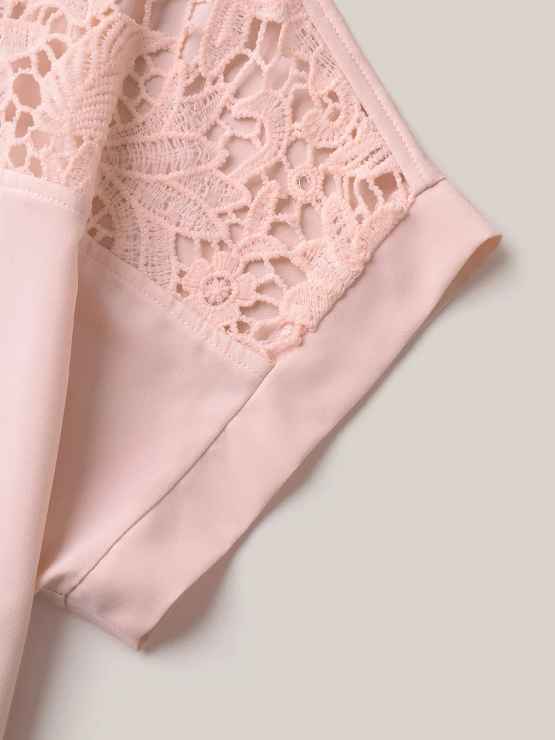 Sheer Lace Neck Half Sleeve Shirt