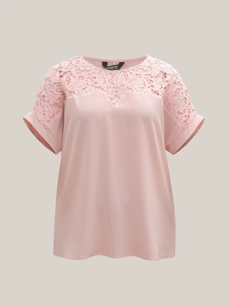 Sheer Lace Neck Half Sleeve Shirt