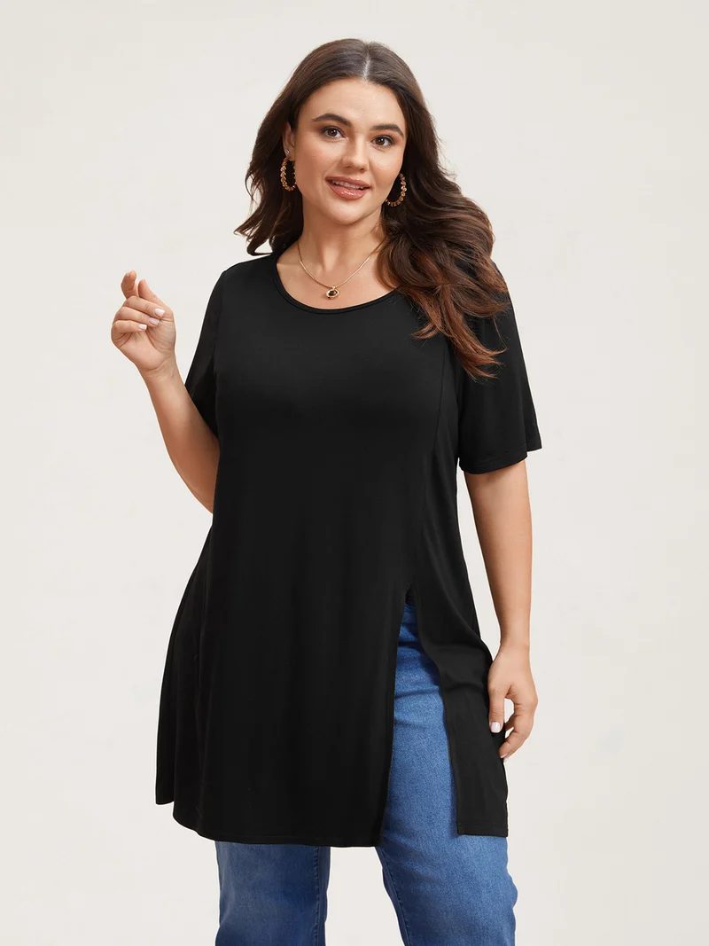 Side-Split Plain Round Neck T-Shirt