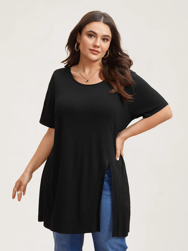 Side-Split Plain Round Neck T-Shirt