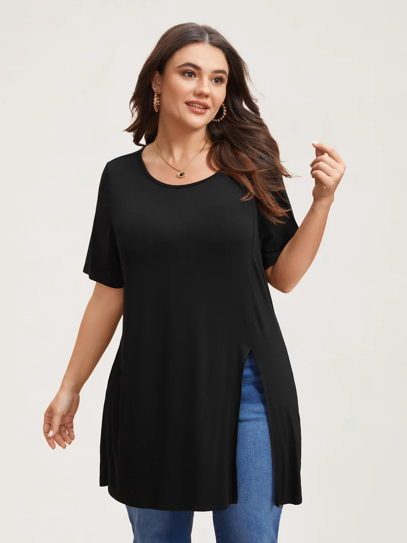 Side-Split Plain Round Neck T-Shirt