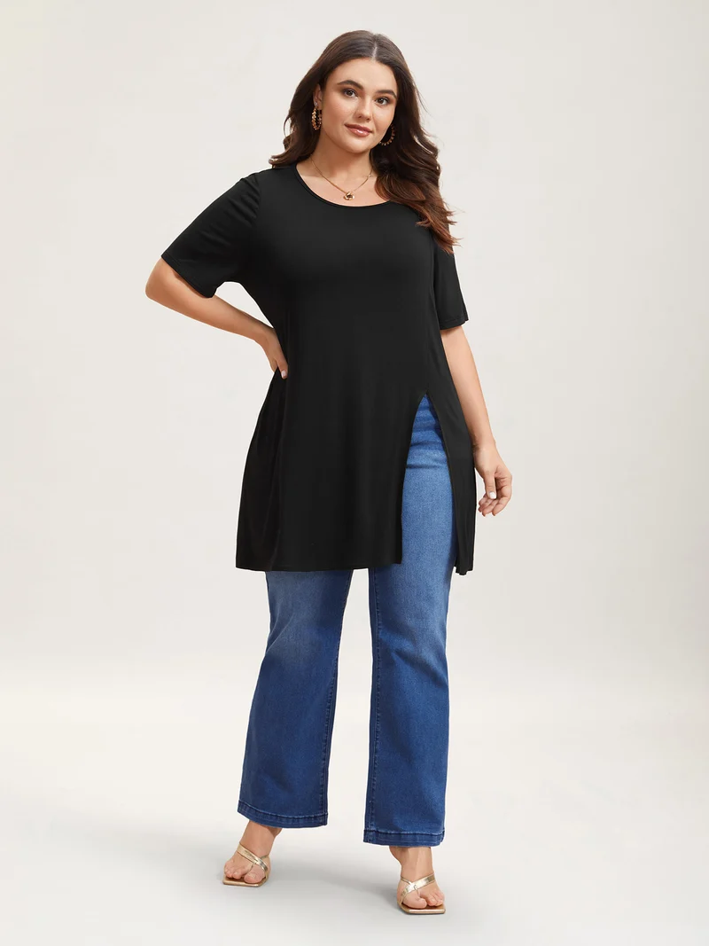 Side-Split Plain Round Neck T-Shirt