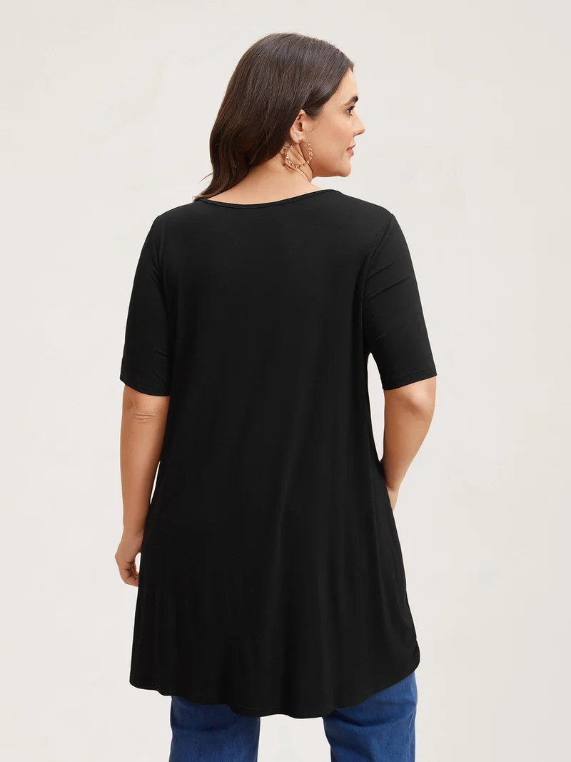 Side-Split Plain Round Neck T-Shirt