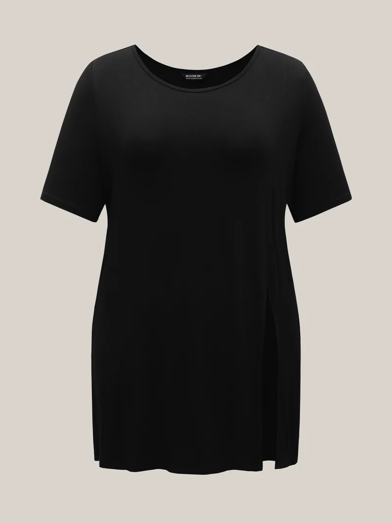 Side-Split Plain Round Neck T-Shirt
