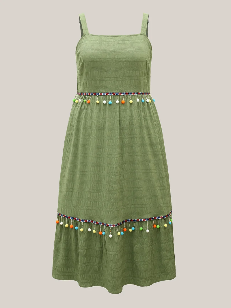 Multi-Color Tassels Textured Tiered Midi Dress
