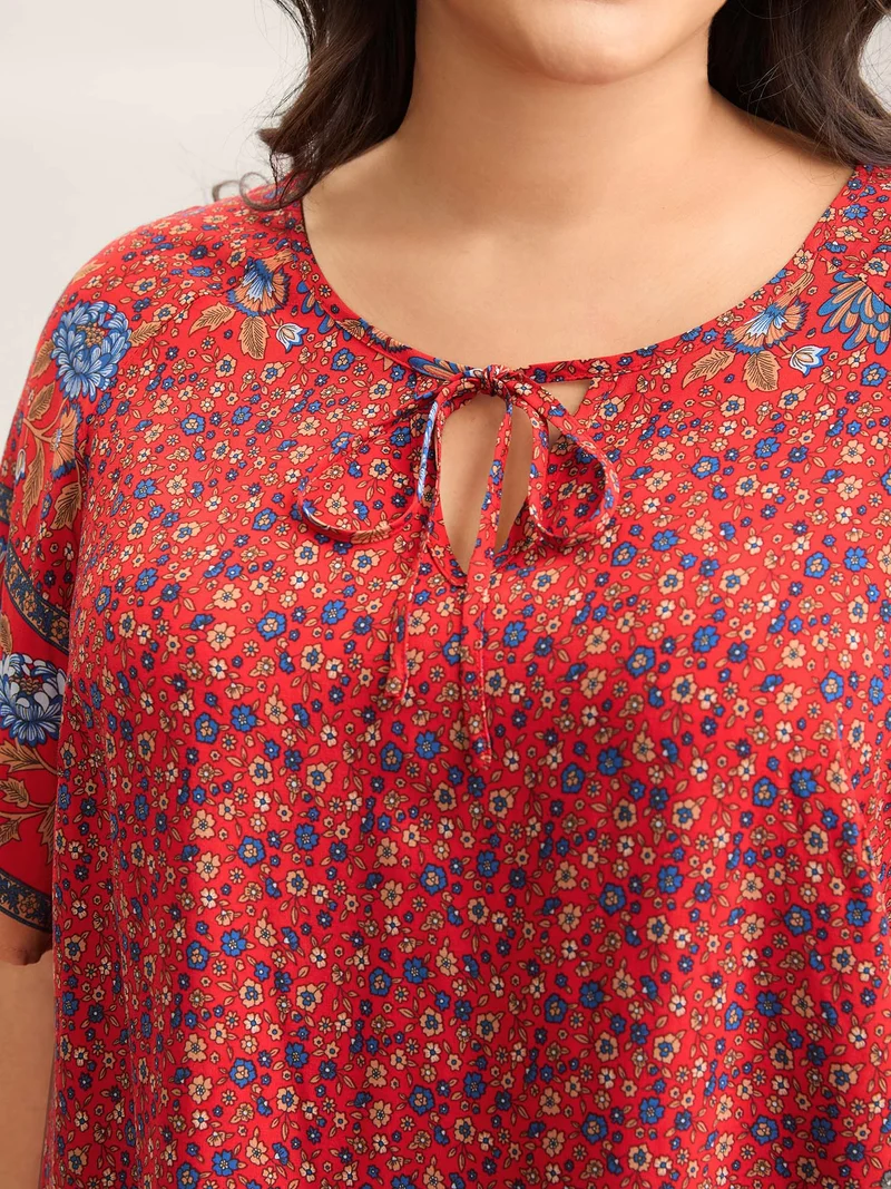 Floral Print Neck Tie Half Sleeve Blouse