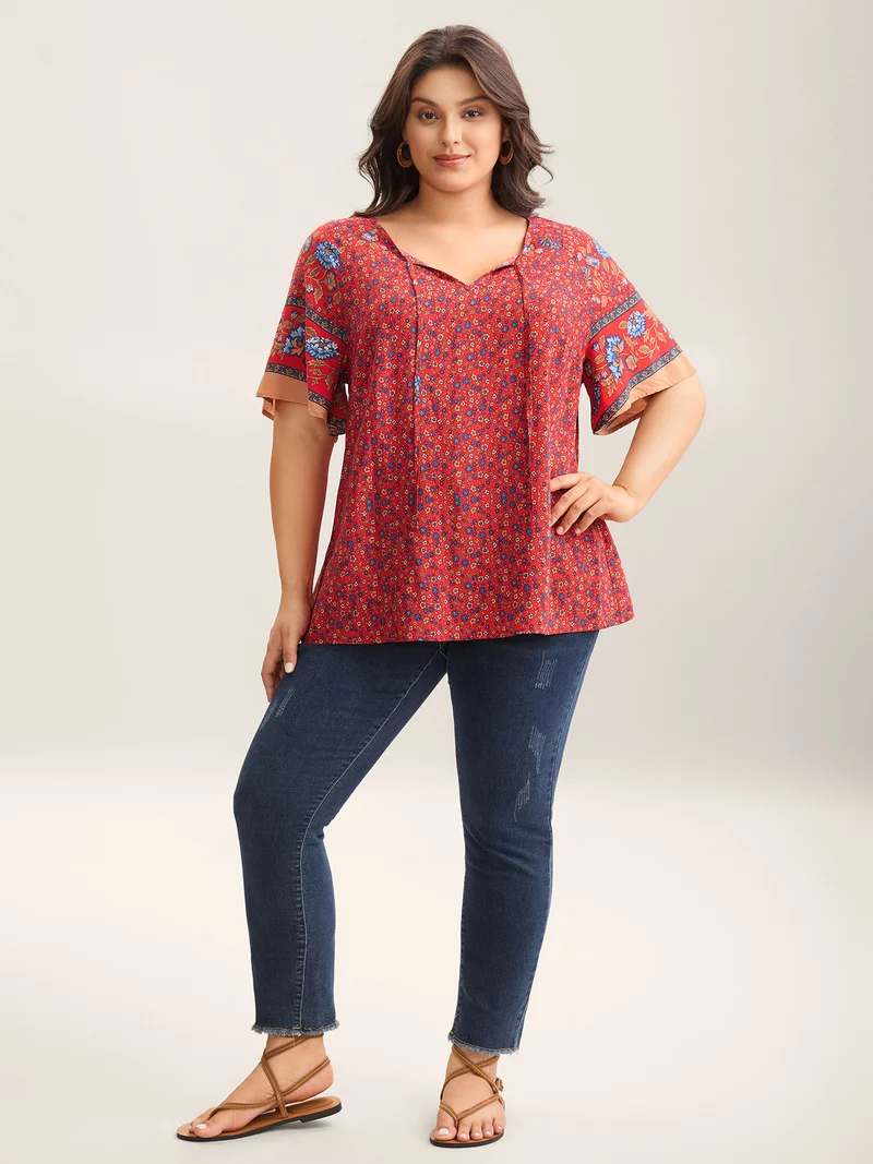 Floral Print Neck Tie Half Sleeve Blouse