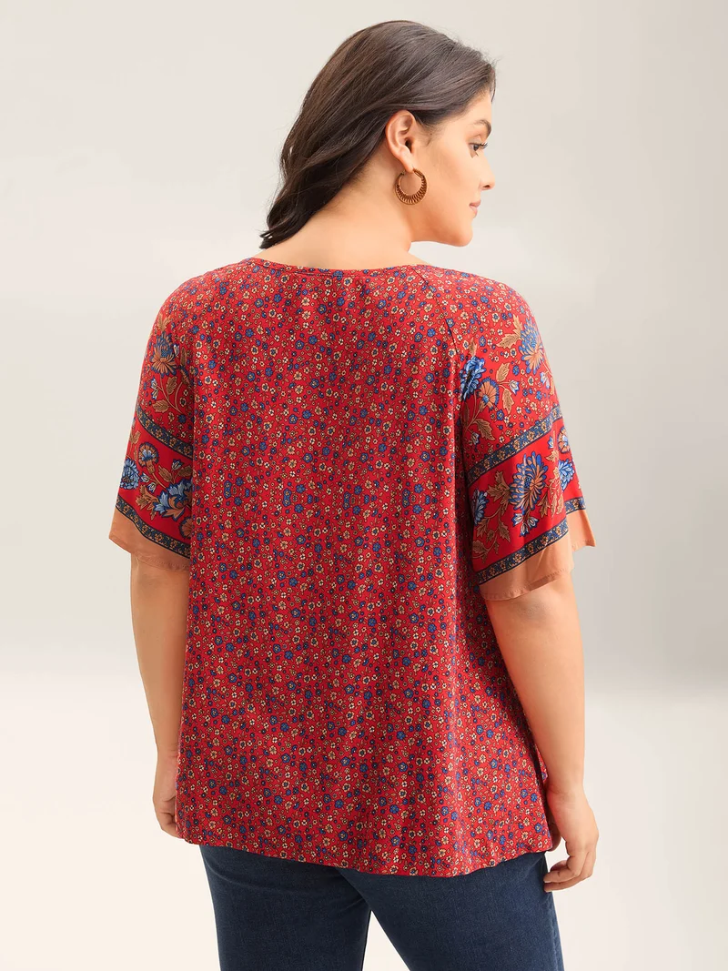 Floral Print Neck Tie Half Sleeve Blouse