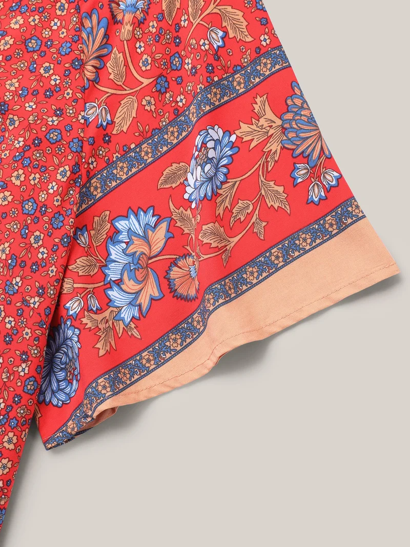 Floral Print Neck Tie Half Sleeve Blouse