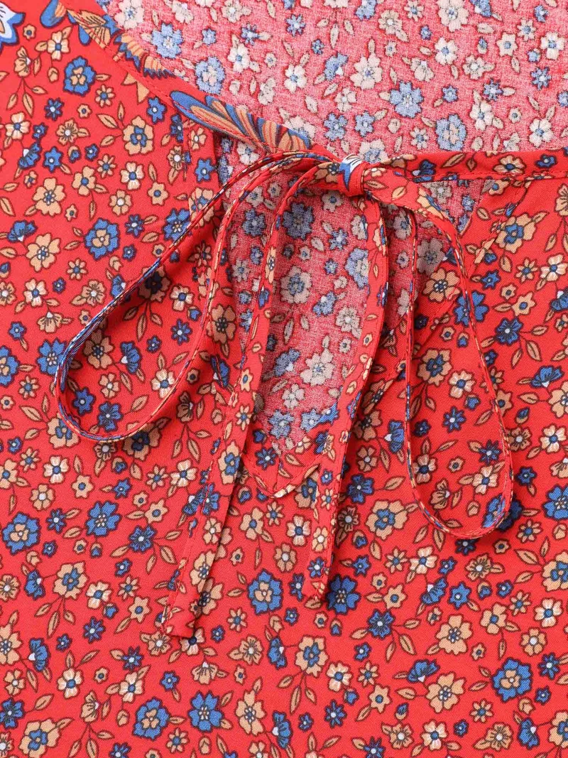 Floral Print Neck Tie Half Sleeve Blouse