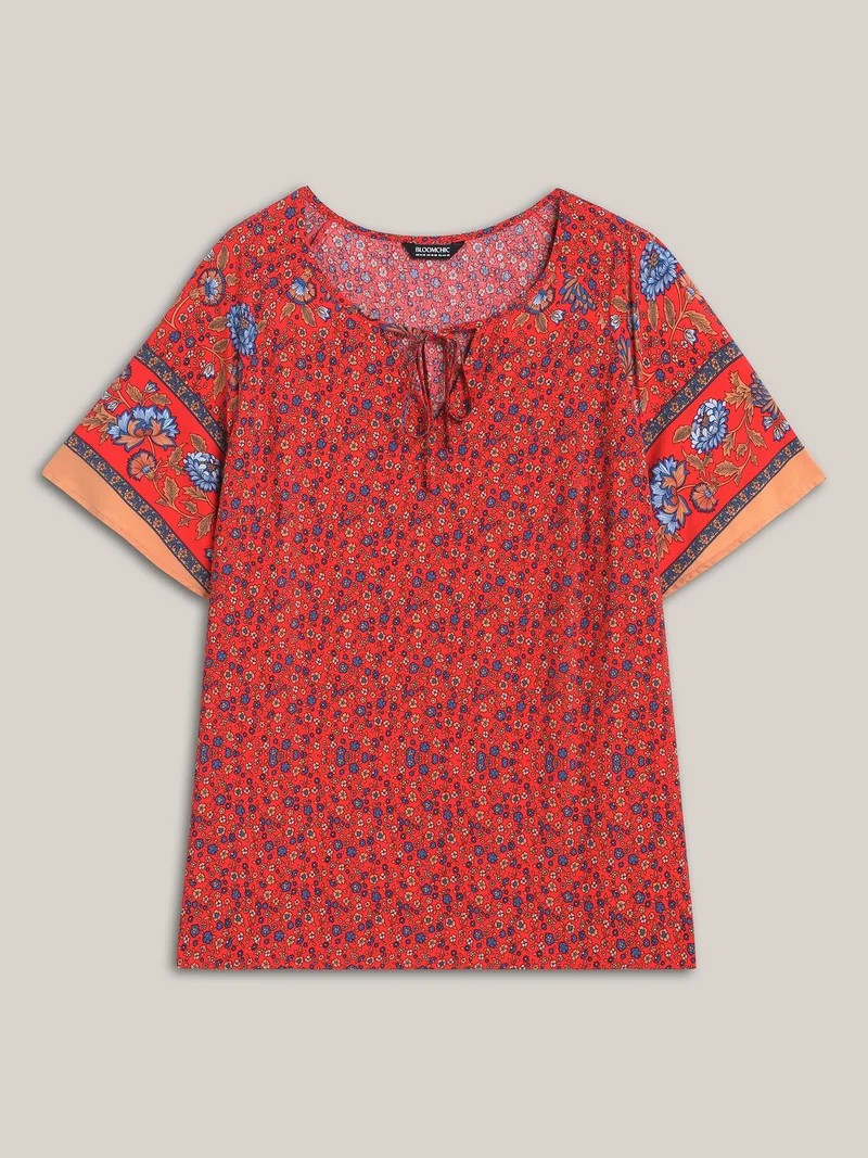 Floral Print Neck Tie Half Sleeve Blouse