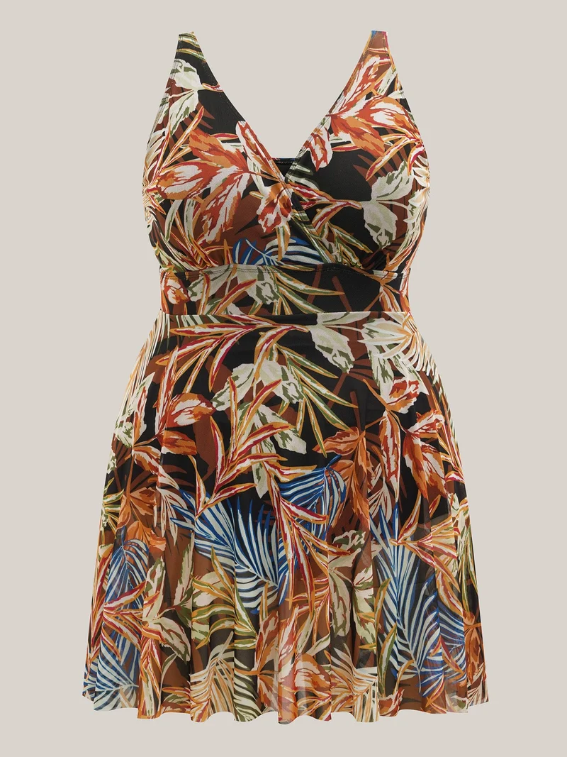 Tropical Floral Print Wrap Neck Swim Dress