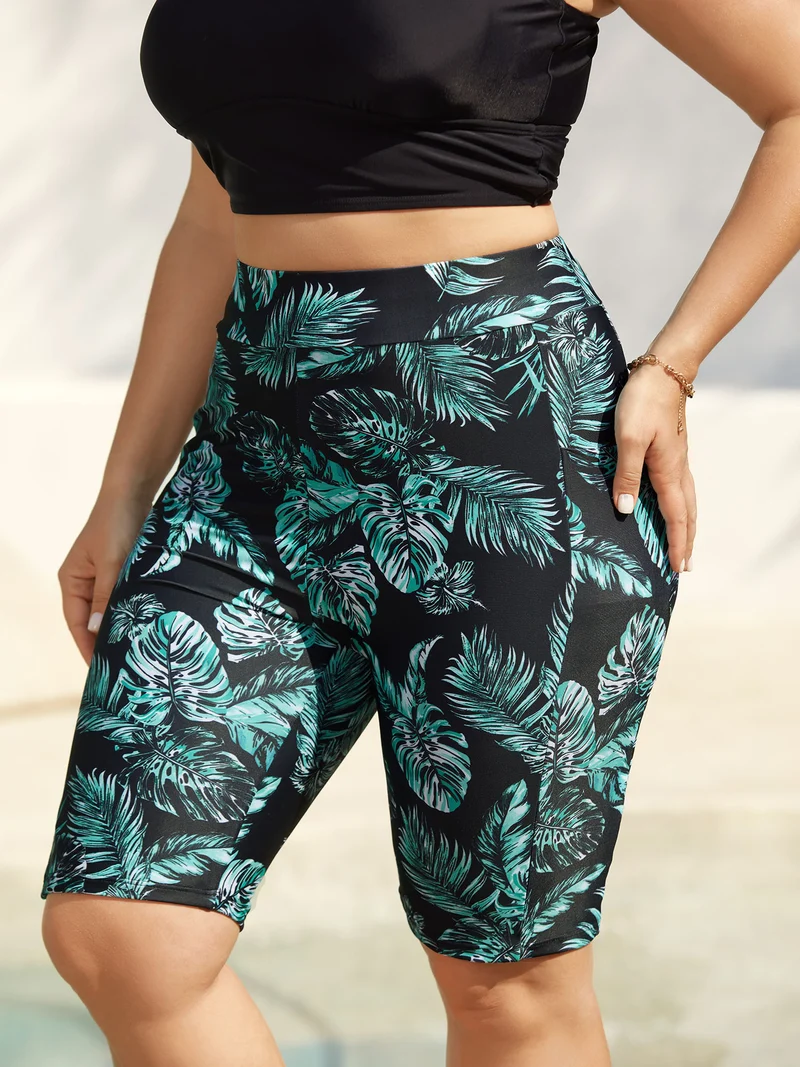 Tropical Leaf Print Pocket Swim Bottoms