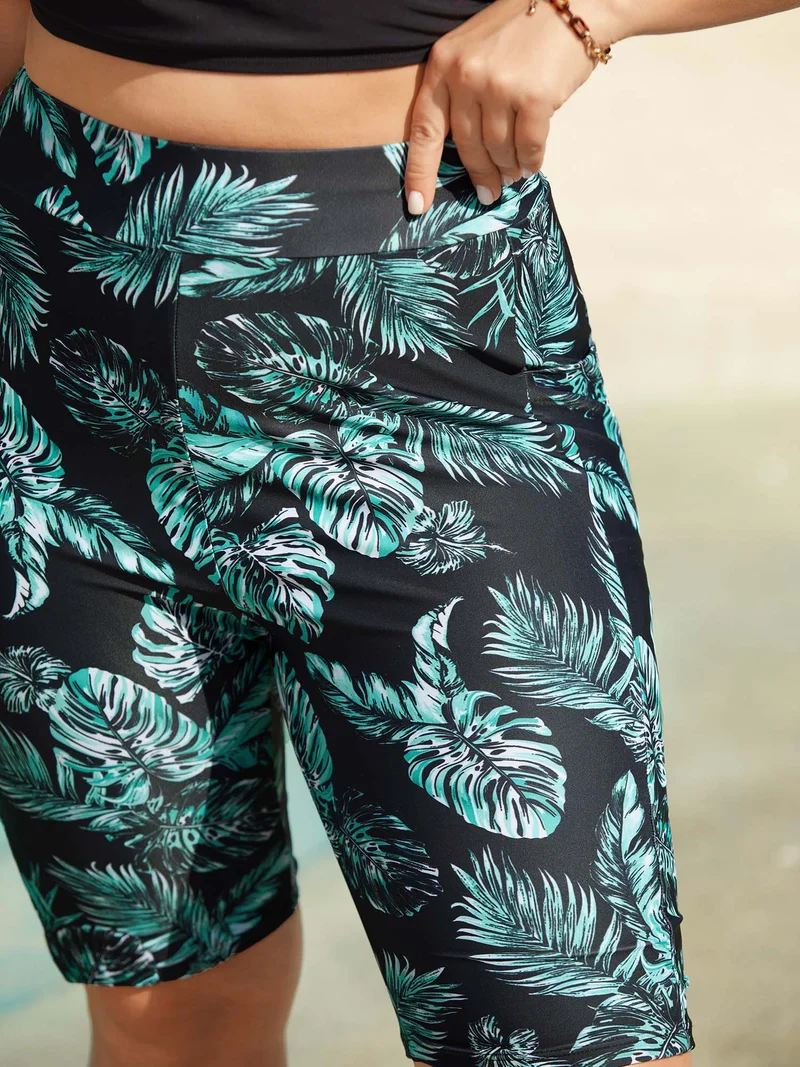 Tropical Leaf Print Pocket Swim Bottoms
