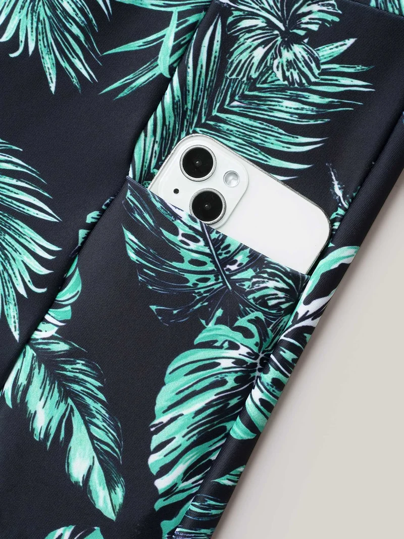 Tropical Leaf Print Pocket Swim Bottoms
