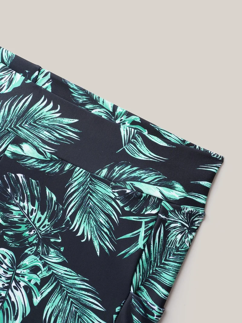 Tropical Leaf Print Pocket Swim Bottoms