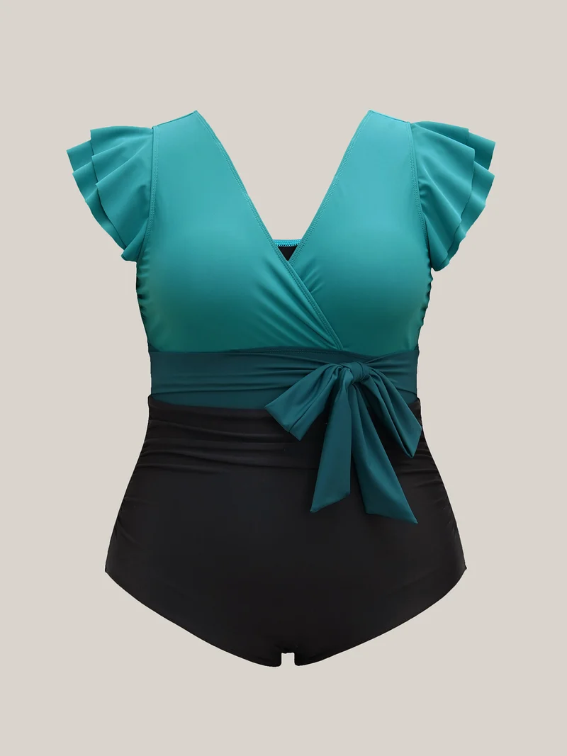 Color Block Belted Ruffle Sleeve One-Piece Swimsuit