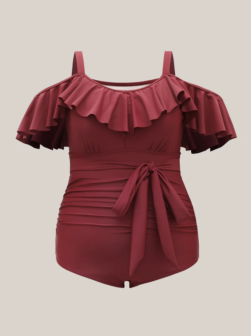 Cold Shoulder Belted Ruffled One-Piece Swimsuit