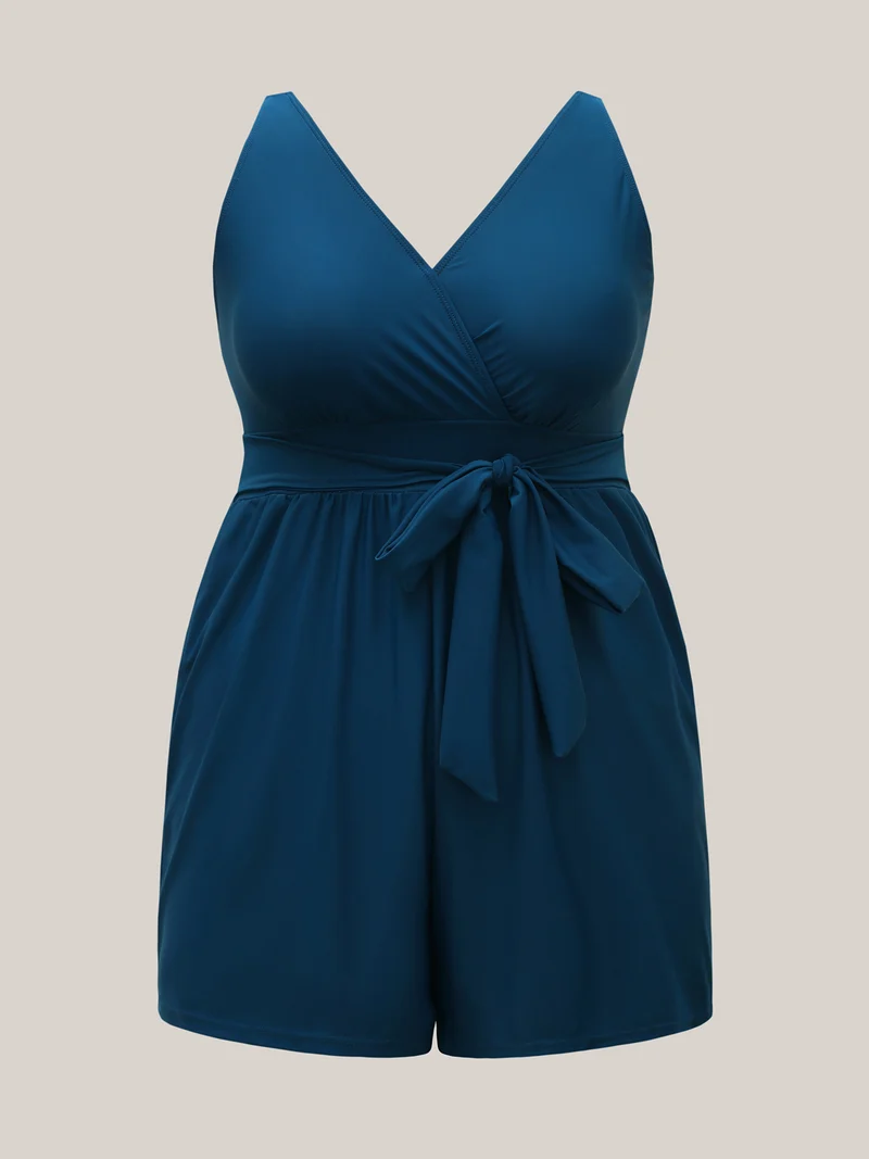 Surplice Neckline Belted Plain One-Piece Swimsuit