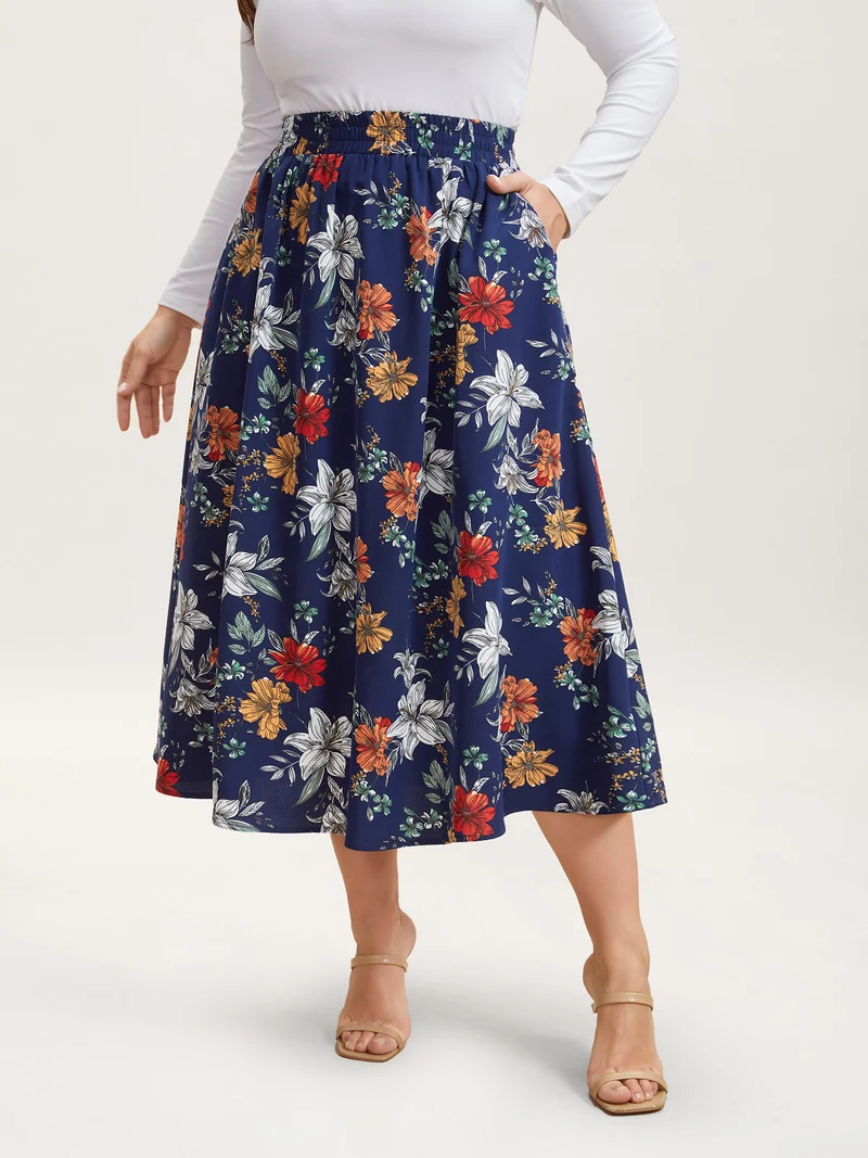 Floral Print Drawstring Pleated Midi Skirt