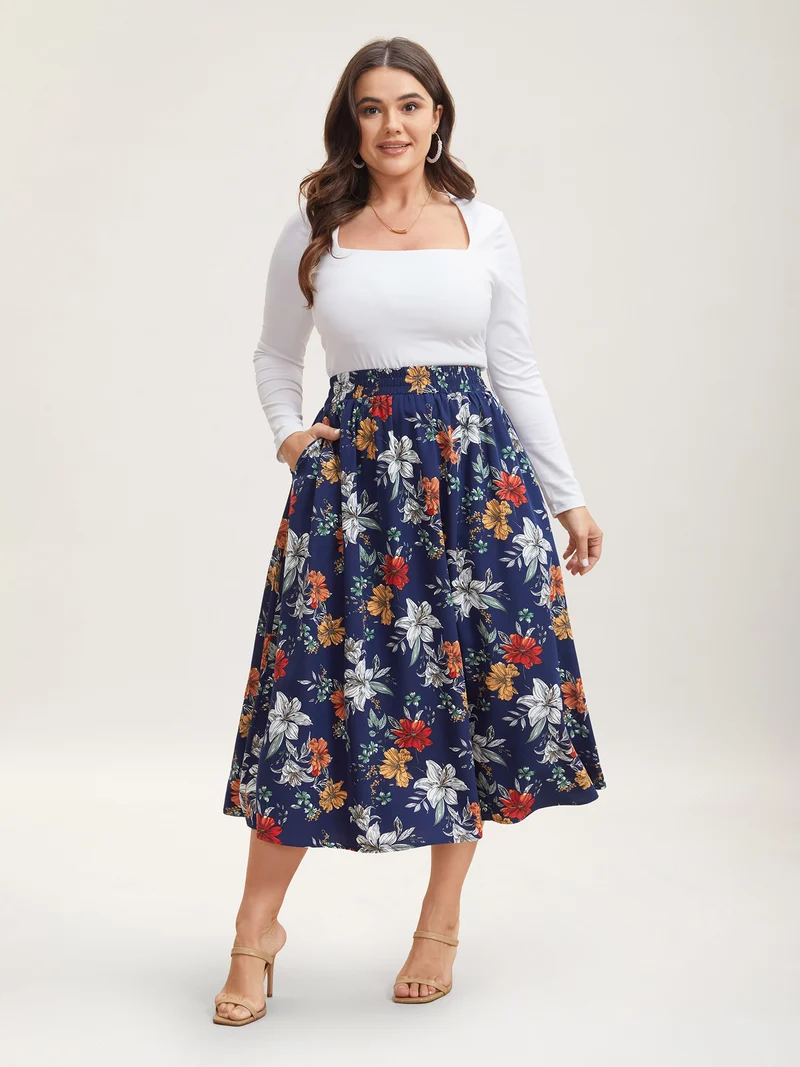 Floral Print Drawstring Pleated Midi Skirt