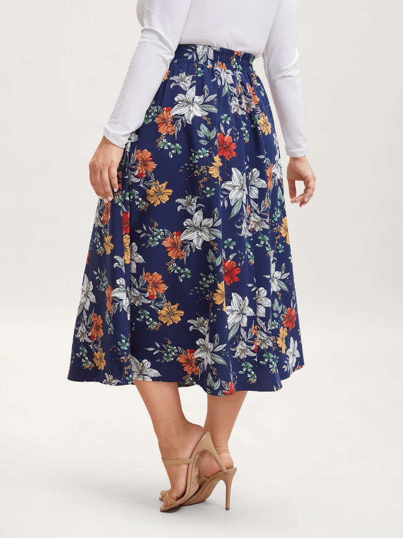 Floral Print Drawstring Pleated Midi Skirt