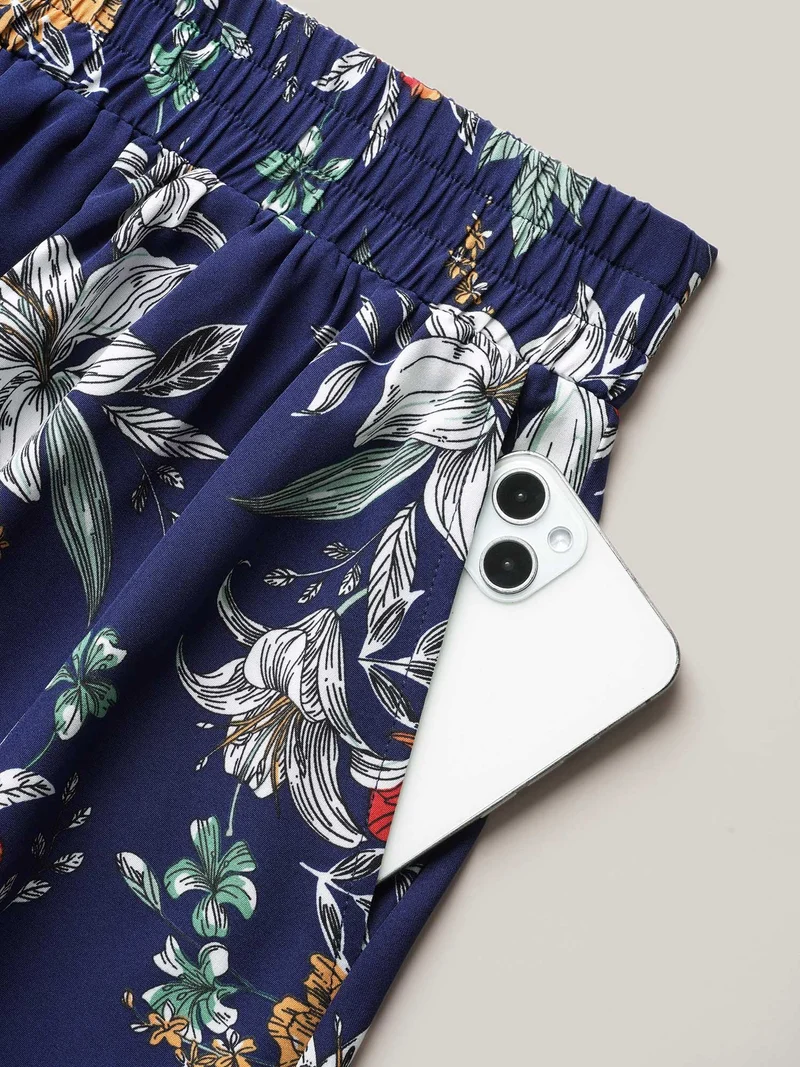 Floral Print Drawstring Pleated Midi Skirt
