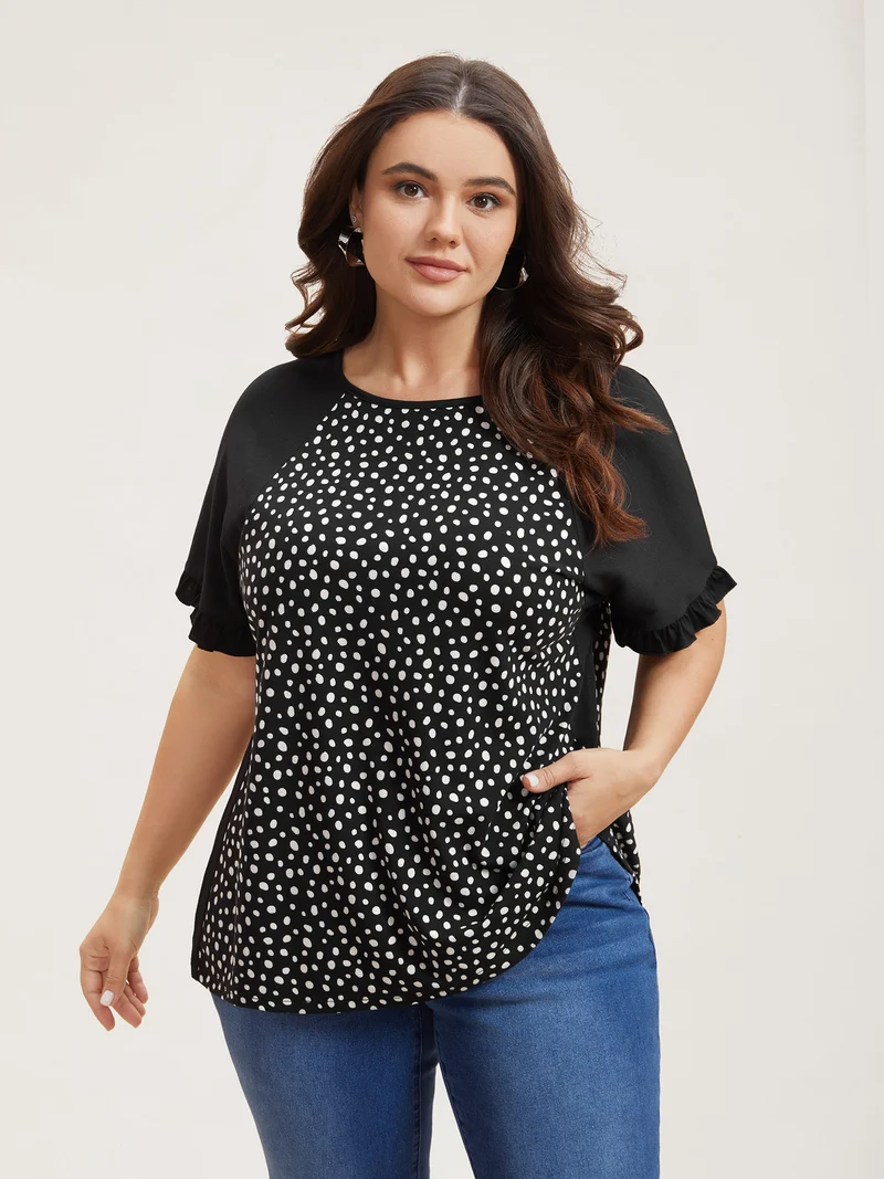 Printed Spliced Raglan Sleeve Ruffled T-Shirt