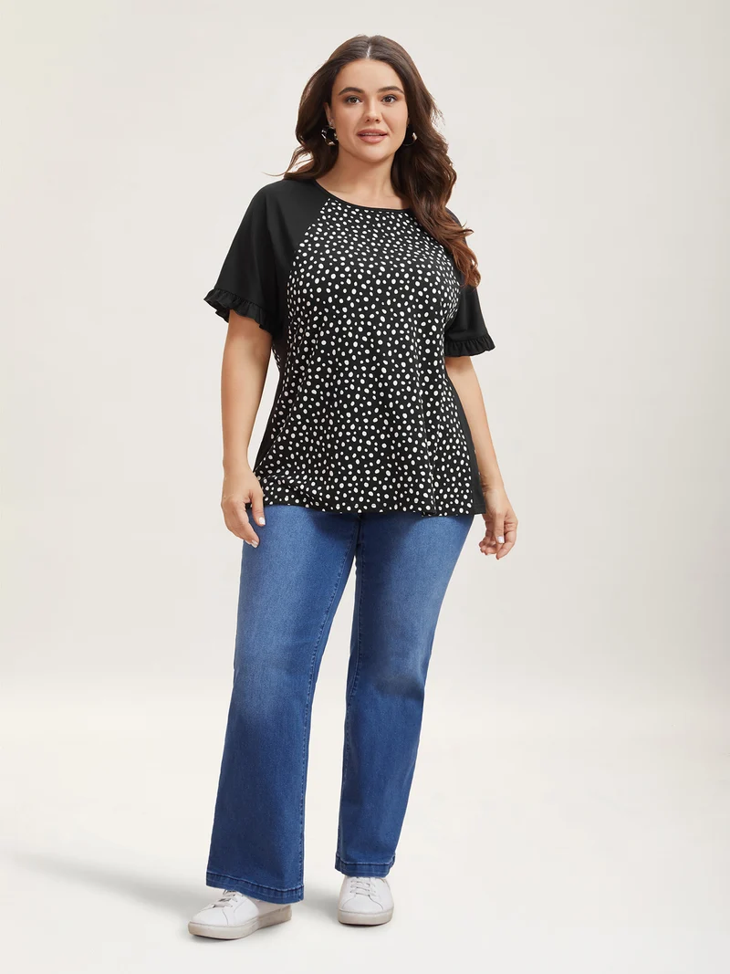 Printed Spliced Raglan Sleeve Ruffled T-Shirt