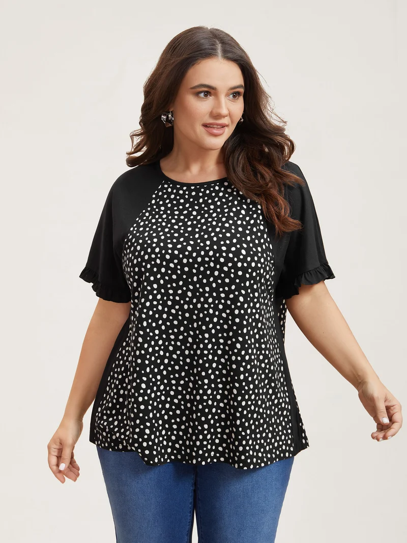Printed Spliced Raglan Sleeve Ruffled T-Shirt