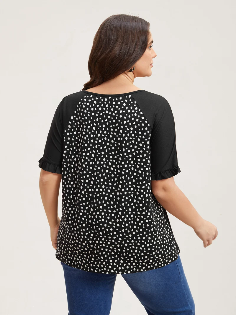 Printed Spliced Raglan Sleeve Ruffled T-Shirt