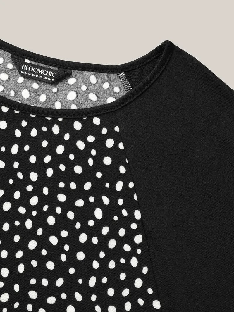 Printed Spliced Raglan Sleeve Ruffled T-Shirt