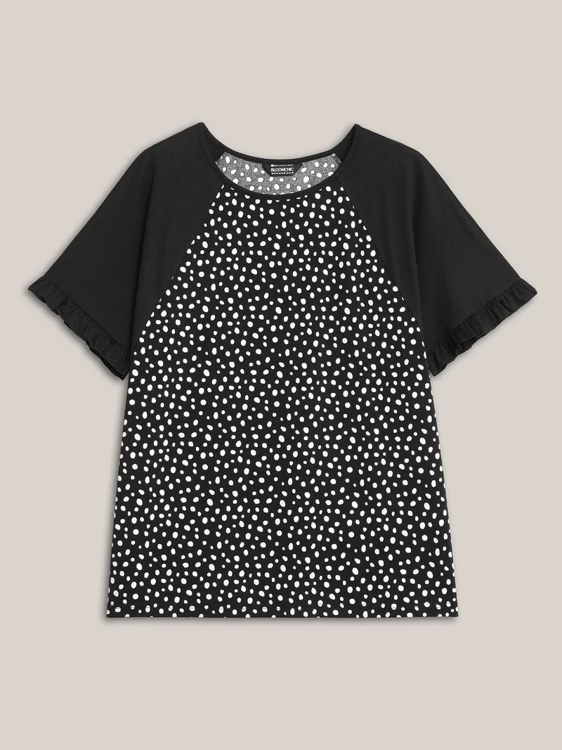 Printed Spliced Raglan Sleeve Ruffled T-Shirt