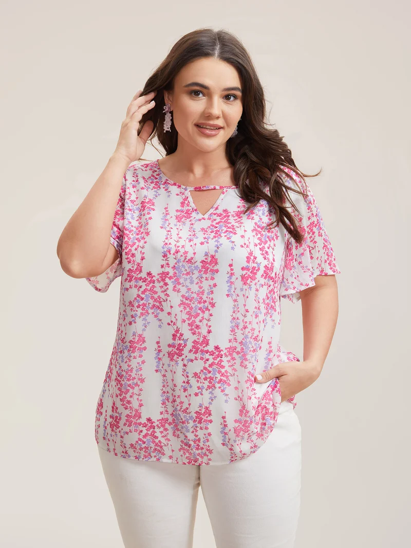 Floral Neck Cut-Out Flutter Sleeve Shirt