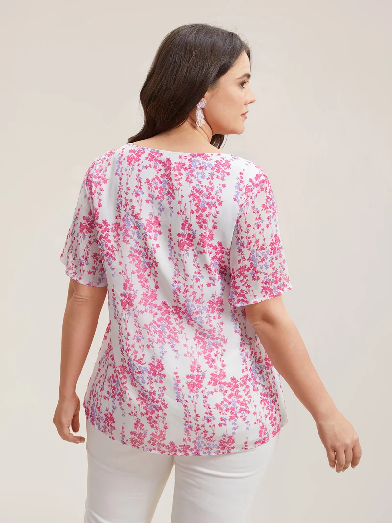 Floral Neck Cut-Out Flutter Sleeve Shirt