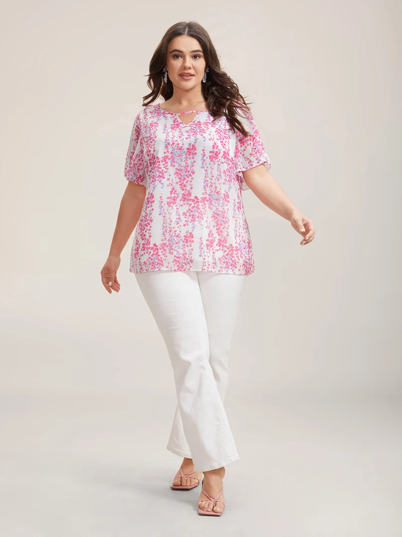 Floral Neck Cut-Out Flutter Sleeve Shirt