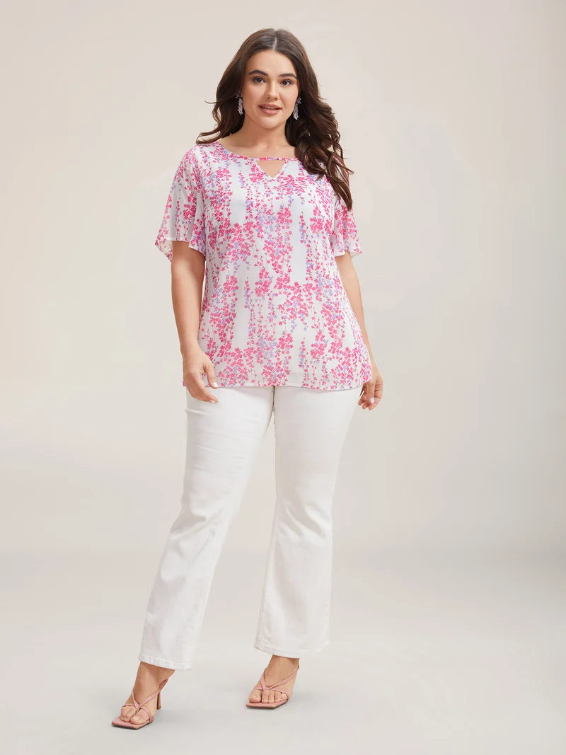 Floral Neck Cut-Out Flutter Sleeve Shirt