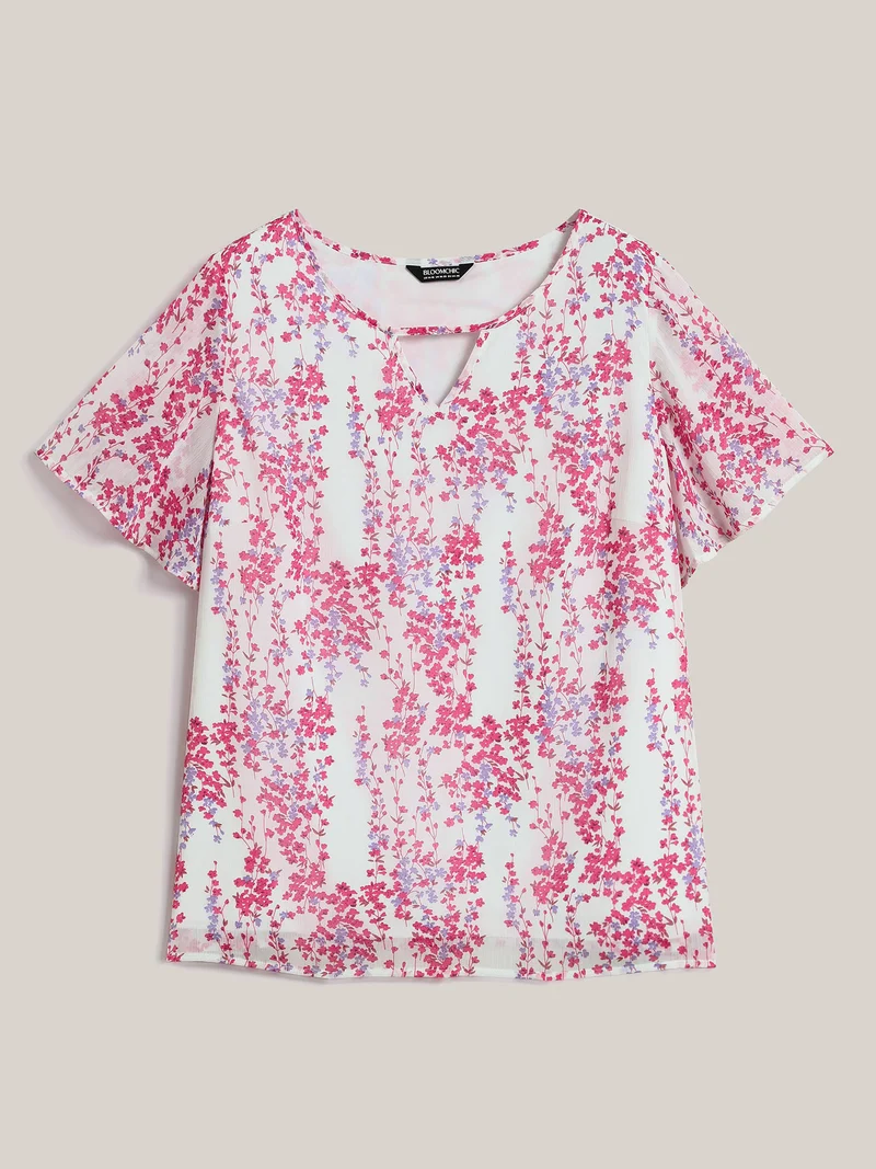 Floral Neck Cut-Out Flutter Sleeve Shirt