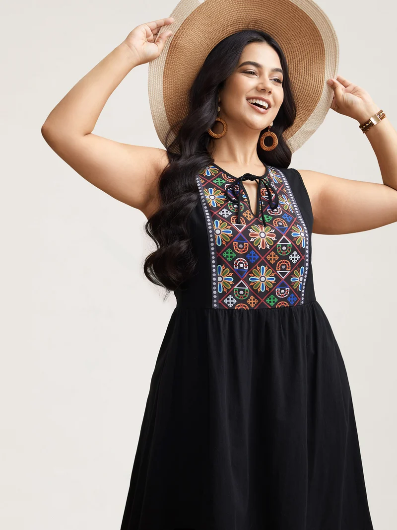 Cotton Boho Pattern Neck Tassels Midi Dress