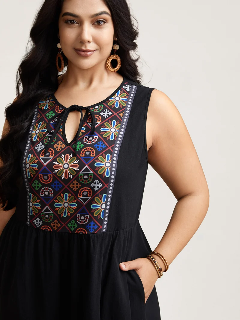 Cotton Boho Pattern Neck Tassels Midi Dress