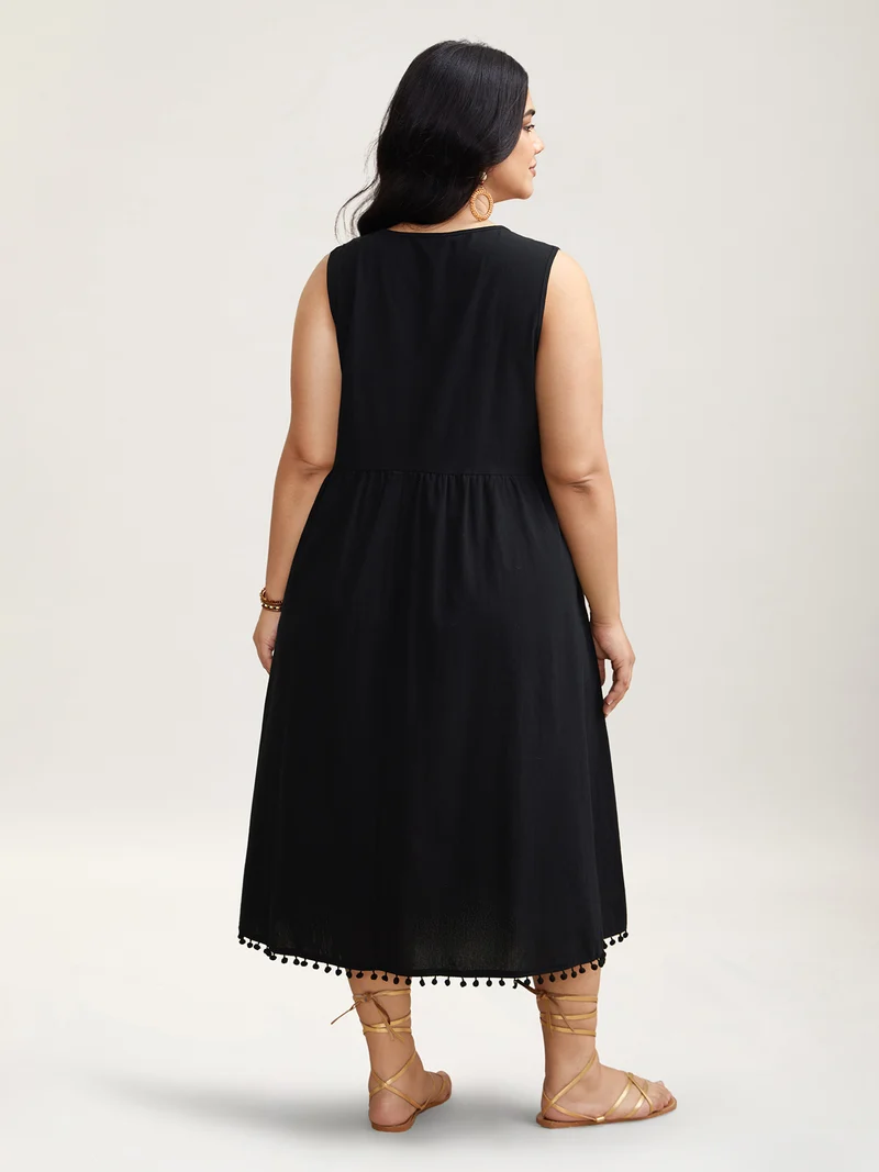 Cotton Boho Pattern Neck Tassels Midi Dress