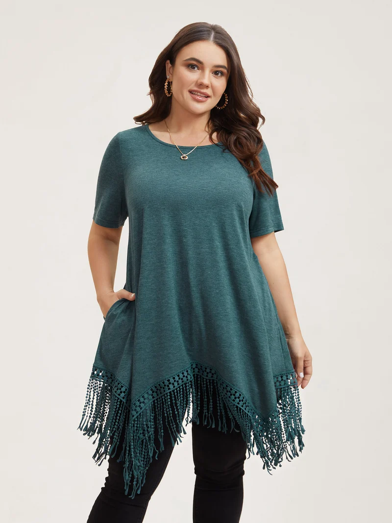Hi-Low Tassel Hem Stretchy Plain T-Shirt