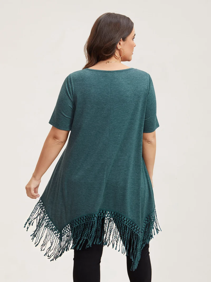 Hi-Low Tassel Hem Stretchy Plain T-Shirt