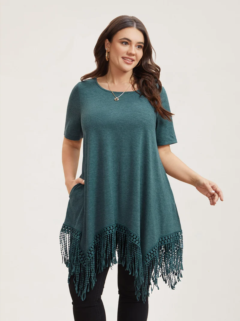 Hi-Low Tassel Hem Stretchy Plain T-Shirt