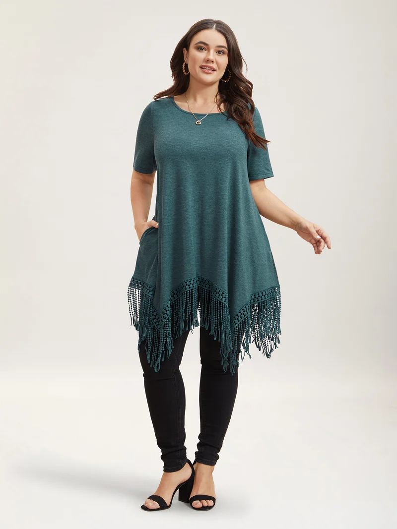 Hi-Low Tassel Hem Stretchy Plain T-Shirt