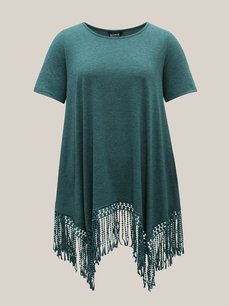 Hi-Low Tassel Hem Stretchy Plain T-Shirt