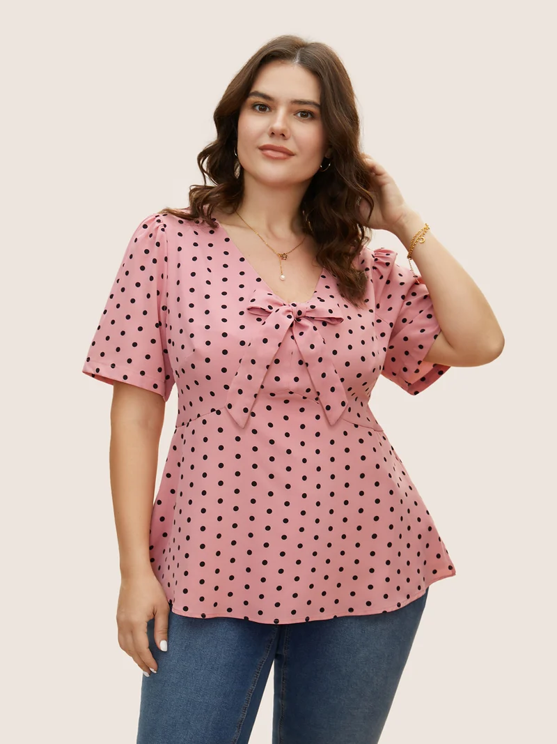Polka Dot Ribbon Tied Collar Blouse