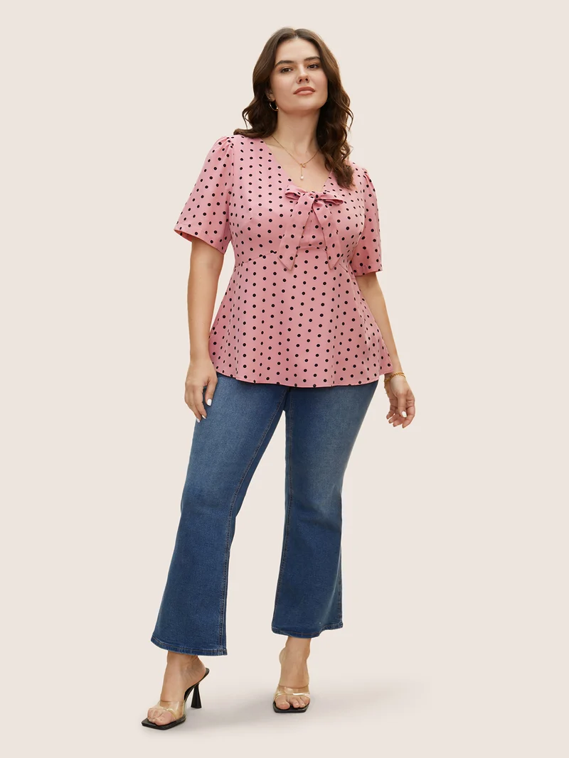 Polka Dot Ribbon Tied Collar Blouse